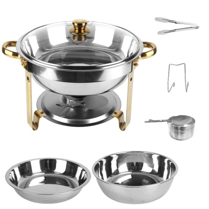 4Pcs Chafing Dish Buffet Set 4.76QT Round Buffet Servers Food Warmer Stainless Steel Catering Chafer With Glass Lid For Warming Cooling Gatherings Banquets Buffets Party Wedding - Image 8