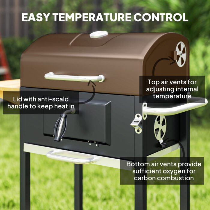Charcoal BBQ Grill, Outdoor Portable Cooker For Camping Or Backyard Picnic, Barbecue Grill With Side Table, Bottom Storage Shelf, Wheels And Handle, Black - Image 3