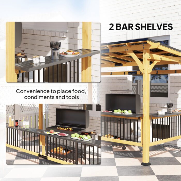 13 X 6 Wooden BBQ Grill Gazebo, Outdoor Hardtop Grill Gazebo With Metal Roof, 2 Bar Shelves And 6 Hooks, Natural - Image 5