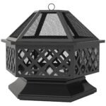 28 Outdoor Fire Pit With Grill Hexagon Fireplace Wood Burning Firepit With Cooking Grate, Fire Poker,  Screen Lid - Image 2
