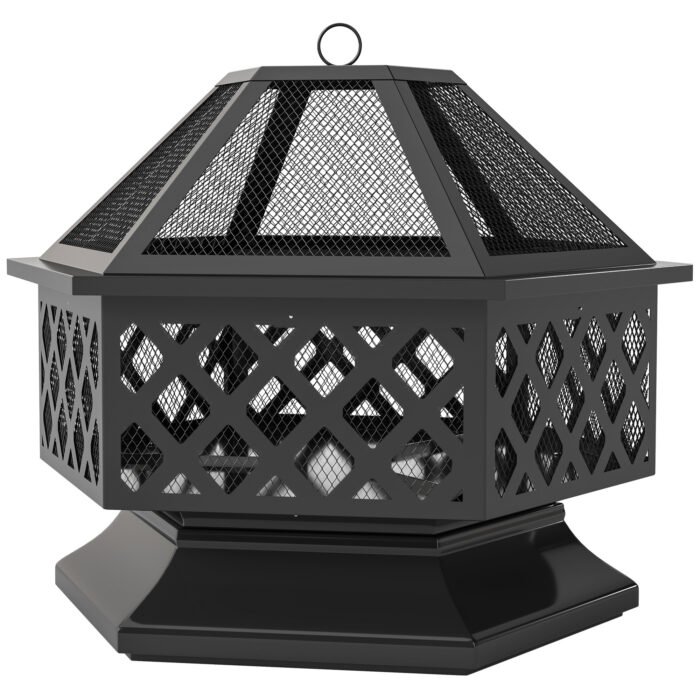 28 Outdoor Fire Pit With Grill Hexagon Fireplace Wood Burning Firepit With Cooking Grate, Fire Poker,  Screen Lid - Image 2