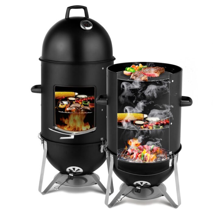 48x48x119cm Black 3-layer Oval Cylinder Smoker Iron Charcoal Grill - Image 1
