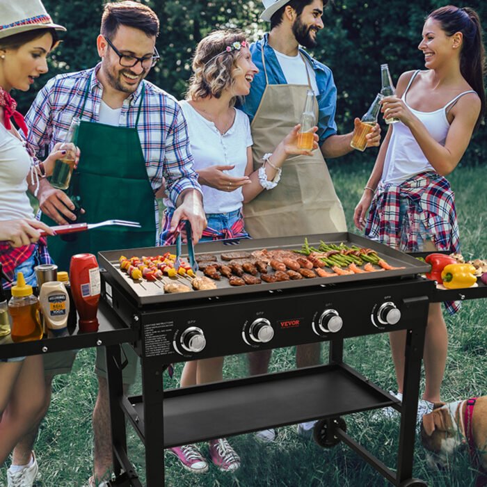 Commercial Griddle On Cart, 36' Heavy Duty Manual Flat Top Griddle, Outdoor Cooking Station With Side Shelves, Steel Natural Gas Griddle, 4-Burners Restaurant Portable Tested ToStandards - Image 5