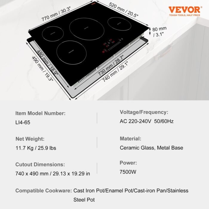 Electric Cooktop, 4 Burners, 30 Induction Stove Top, Built-in Magnetic Cooktop 7500W, 9 Heating Level Multifunctional Burner, LED Touch Screen With Child Lock  Over-Temperature Protection - Image 10