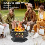 28 Outdoor Fire Pit With Grill Hexagon Fireplace Wood Burning Firepit With Cooking Grate, Fire Poker,  Screen Lid - Image 4