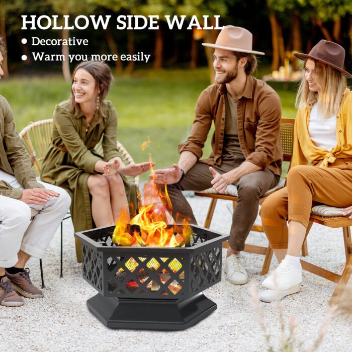 28 Outdoor Fire Pit With Grill Hexagon Fireplace Wood Burning Firepit With Cooking Grate, Fire Poker,  Screen Lid - Image 4