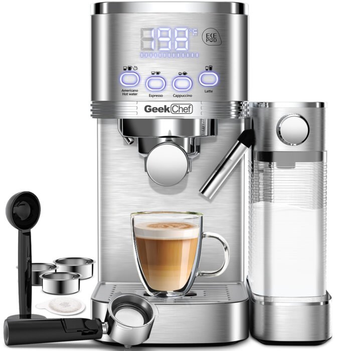Geek Chef Espresso And Cappuccino Machine With Automatic Milk Frother,20Bar Espresso Maker For Home, For Cappuccino Or Latte,with ESE POD Filter, Stainless Steel, Gift For Coffee Lover Ban On Amazon - Image 1