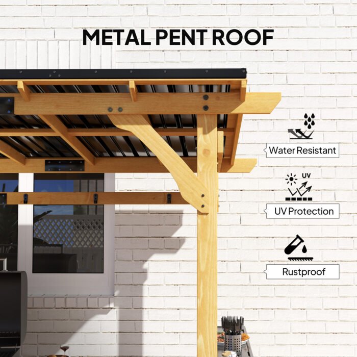 13 X 6 Wooden BBQ Grill Gazebo, Outdoor Hardtop Grill Gazebo With Metal Roof, 2 Bar Shelves And 6 Hooks, Natural - Image 4