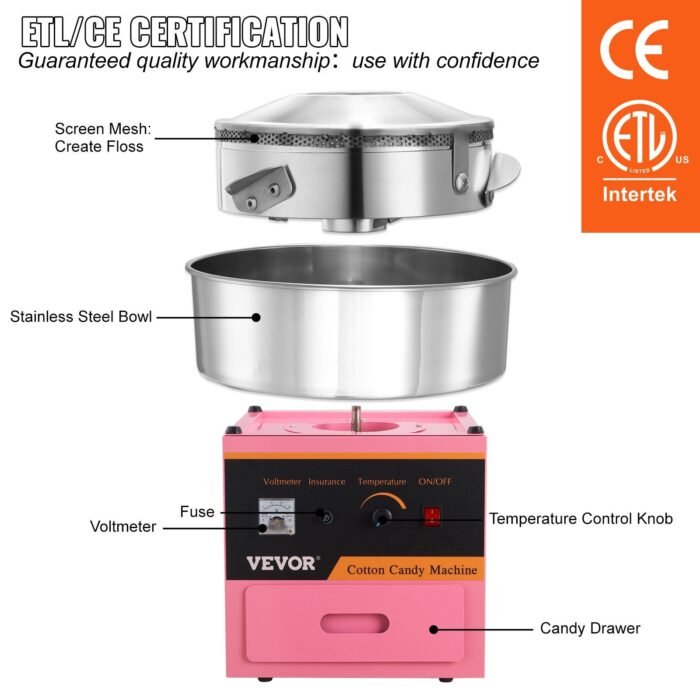 VEVOR Electric Cotton Candy Machine, 1000W Candy Floss Maker, Commercial Cotton Candy Machine With Stainless Steel Bowl, Sugar Scoop, And Drawer, Perfect For Home Kids Birthday, Family Party Pink - Image 8