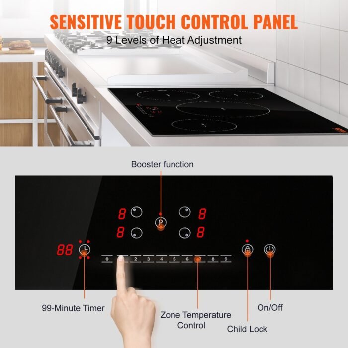 Electric Cooktop, 4 Burners, 30 Induction Stove Top, Built-in Magnetic Cooktop 7500W, 9 Heating Level Multifunctional Burner, LED Touch Screen With Child Lock  Over-Temperature Protection - Image 7