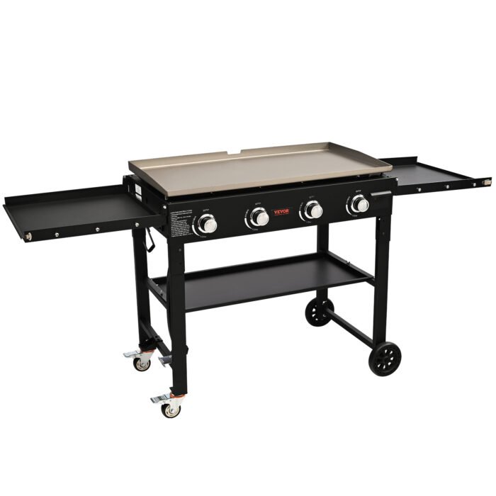Commercial Griddle On Cart, 36' Heavy Duty Manual Flat Top Griddle, Outdoor Cooking Station With Side Shelves, Steel Natural Gas Griddle, 4-Burners Restaurant Portable Tested ToStandards - Image 1