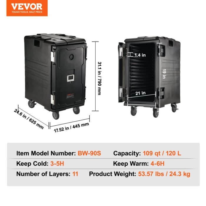 Insulated Food Pan Carrier, 109 Qt Hot Box For Catering, LLDPE Food Box Carrier W Double Buckles, Front Loading Food Warmer W Handles, End Loader W Wheels For Restaurant, Canteen, Etc. Black - Image 9