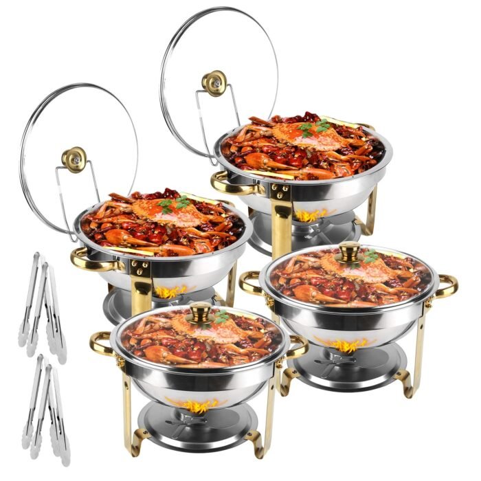 4Pcs Chafing Dish Buffet Set 4.76QT Round Buffet Servers Food Warmer Stainless Steel Catering Chafer With Glass Lid For Warming Cooling Gatherings Banquets Buffets Party Wedding - Image 1