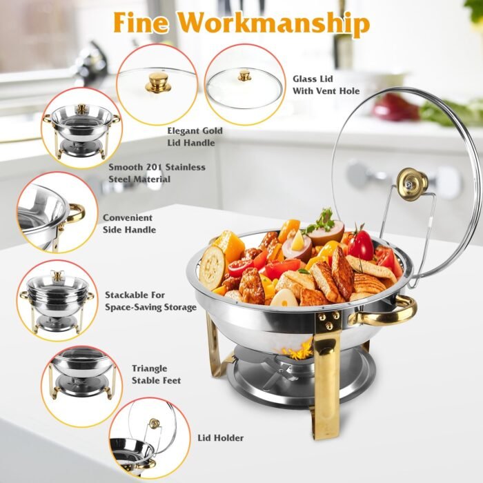 4Pcs Chafing Dish Buffet Set 4.76QT Round Buffet Servers Food Warmer Stainless Steel Catering Chafer With Glass Lid For Warming Cooling Gatherings Banquets Buffets Party Wedding - Image 10