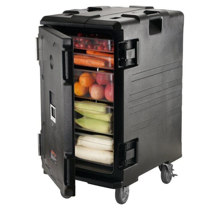 Insulated Food Pan Carrier, 109 Qt Hot Box For Catering, LLDPE Food Box Carrier W Double Buckles, Front Loading Food Warmer W Handles, End Loader W Wheels For Restaurant, Canteen, Etc. Black - Image 2