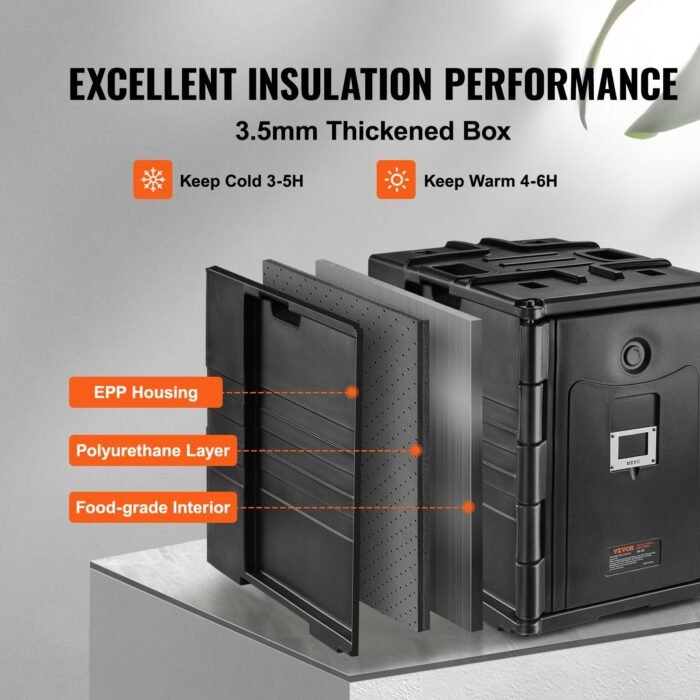 Insulated Food Pan Carrier, 82 Qt Hot Box For Catering, LLDPE Food Box Carrier W Double Buckles, Front Loading Food Warmer W Handles, Stackable End Loader For Restaurant, Canteen, Etc. Black - Image 2