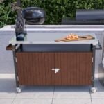 Outdoor Grill Cart With Stainless Steel Tabletop, Storage, Patio Kitchen Island With Wheels, Hooks, And Spice Rack, Waterproof Outdoor Grill Table, Movable BBQ Serving Cart Rolling Bar Cart