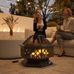28 Outdoor Fire Pit With Grill Hexagon Fireplace Wood Burning Firepit With Cooking Grate, Fire Poker,  Screen Lid - Image 5
