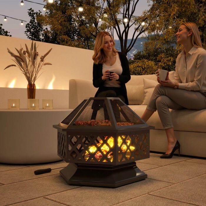 28 Outdoor Fire Pit With Grill Hexagon Fireplace Wood Burning Firepit With Cooking Grate, Fire Poker,  Screen Lid - Image 5