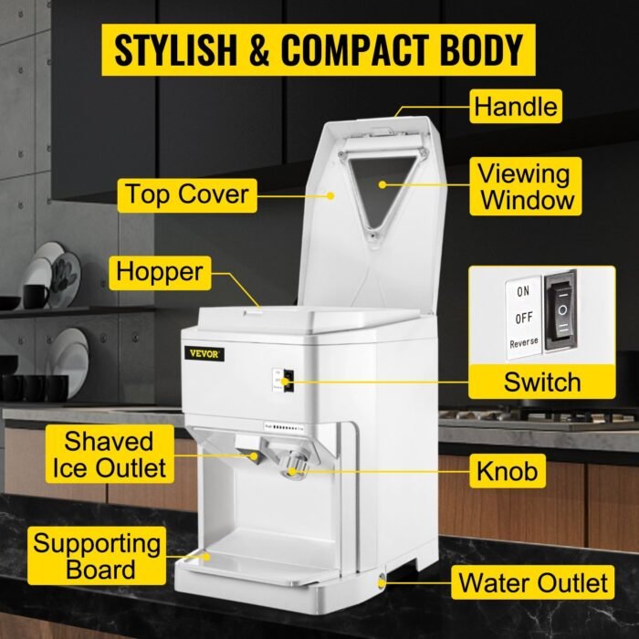 VEVOR Ice Shaver Machine Electric, Snow Cone Machine Commercial 265 LBS H, Shaved Ice Machine W Ice Hopper Lid, 250W Ice Crusher W Drain Pipe Tabletop Shaved Ice Maker W Adjustable Fineness White - Image 9