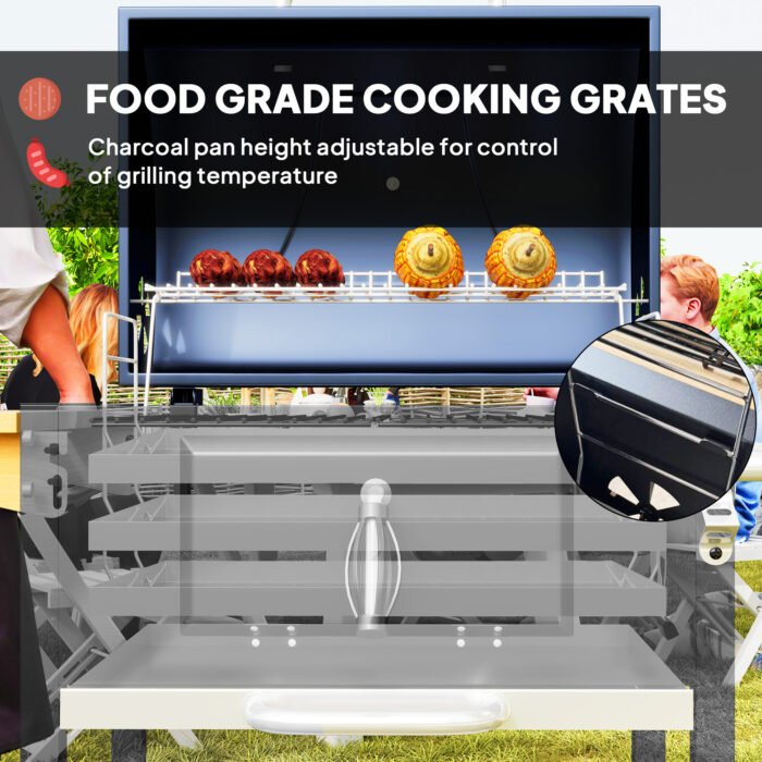 Charcoal BBQ Grill, Outdoor Portable Cooker For Camping Or Backyard Picnic, Barbecue Grill With Side Table, Bottom Storage Shelf, Wheels And Handle, Black - Image 4
