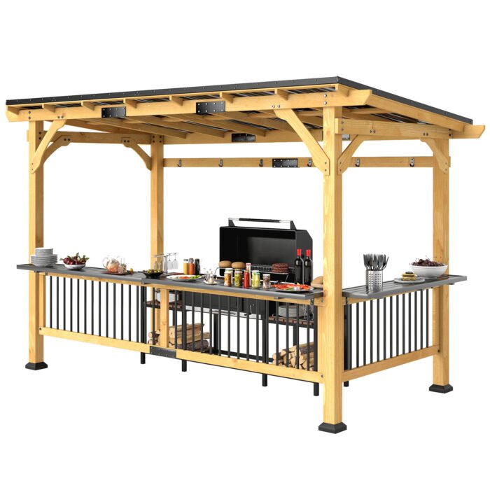 13 X 6 Wooden BBQ Grill Gazebo, Outdoor Hardtop Grill Gazebo With Metal Roof, 2 Bar Shelves And 6 Hooks, Natural - Image 1