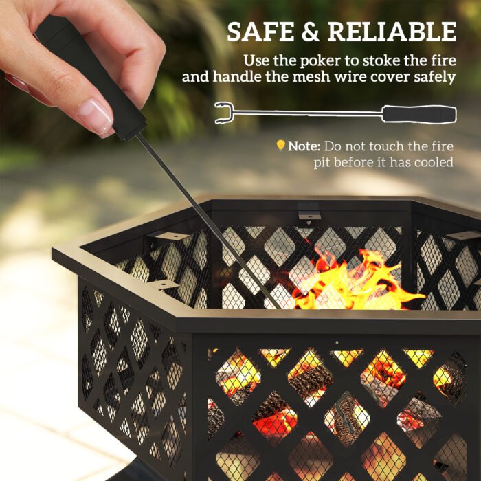 28 Outdoor Fire Pit With Grill Hexagon Fireplace Wood Burning Firepit With Cooking Grate, Fire Poker,  Screen Lid - Image 3