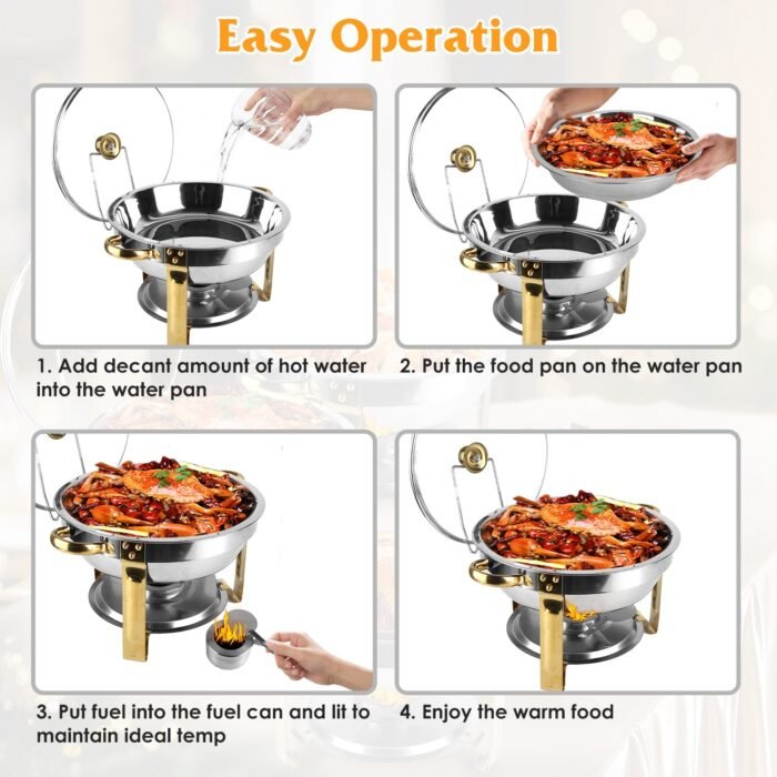 4Pcs Chafing Dish Buffet Set 4.76QT Round Buffet Servers Food Warmer Stainless Steel Catering Chafer With Glass Lid For Warming Cooling Gatherings Banquets Buffets Party Wedding - Image 7