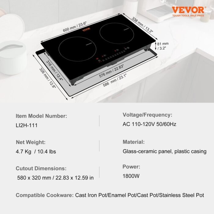 Electric Cooktop, 2 Burners, 24 Induction Stove Top, Built-in Magnetic Cooktop 1800W, 9 Heating Level Multifunctional Burner, LED Touch Screen W Child Lock  Over-Temperature Protection - Image 7