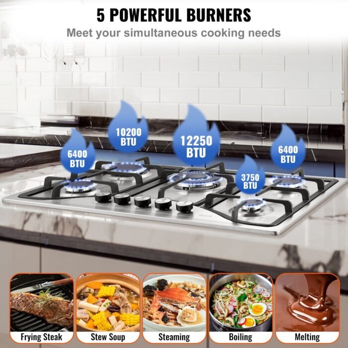 Gas Cooktop 30 Inch, Max 12250BTU 5 Burners Built-in Stainless Steel Gas Stove Top, LPG NG Convertible Dual Fuel Natural Gas Hob With Thermocouple Protection - Image 10