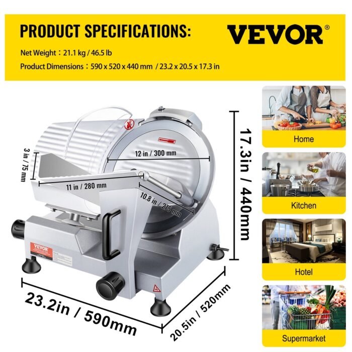 VEVOR Commercial Meat Slicer, 320W Electric Deli Food Slicer, 12 Inch Carbon Steel Blade Electric Food Slicer, 350-400RPM Meat Slicer, 0-0.6 Inch Adjustable Thickness For Meat, Cheese, Veggies, Ham - Image 5