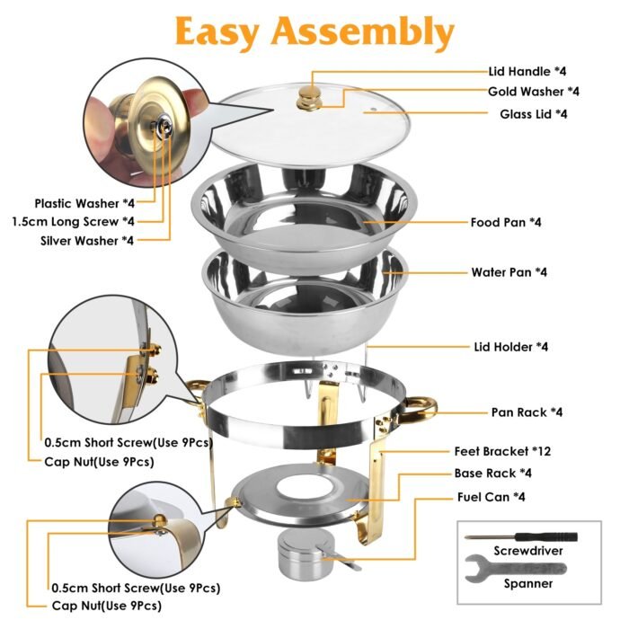 4Pcs Chafing Dish Buffet Set 4.76QT Round Buffet Servers Food Warmer Stainless Steel Catering Chafer With Glass Lid For Warming Cooling Gatherings Banquets Buffets Party Wedding - Image 9