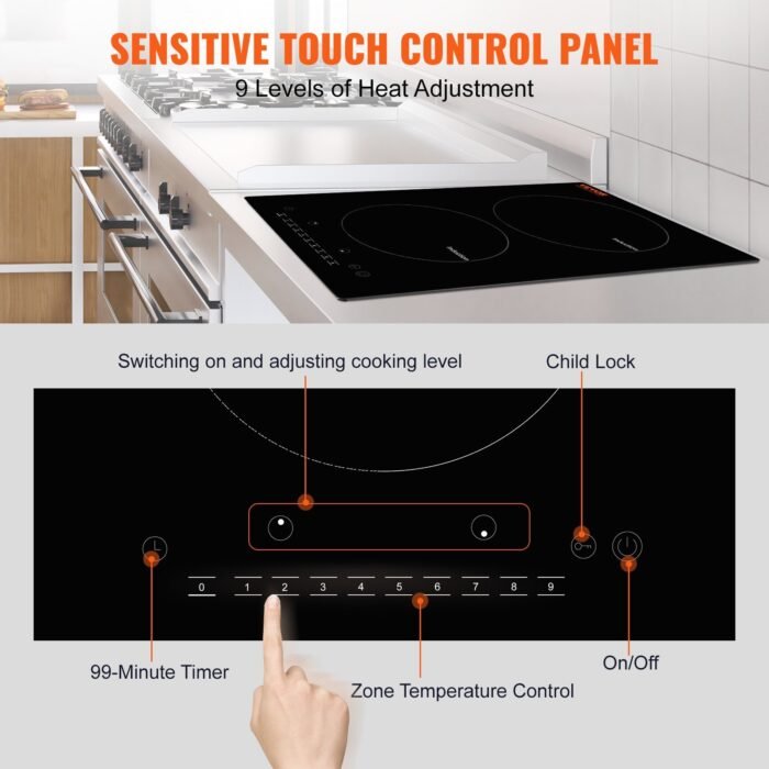 Electric Cooktop, 2 Burners, 12 Induction Stove Top, Built-in Magnetic Cooktop 1800W, 9 Heating Level Multifunctional Burner, LED Touch Screen W Child Lock  Over-Temperature Protection - Image 3