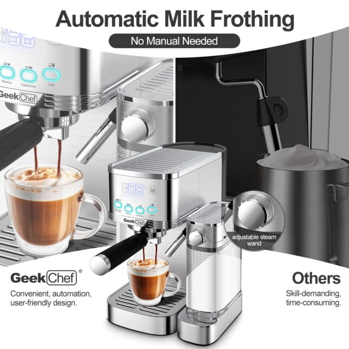 Geek Chef Espresso And Cappuccino Machine With Automatic Milk Frother,20Bar Espresso Maker For Home, For Cappuccino Or Latte,with ESE POD Filter, Stainless Steel, Gift For Coffee Lover Ban On Amazon - Image 2