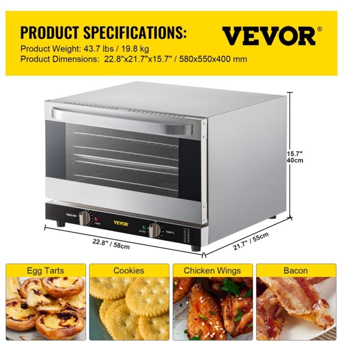 VEVOR Commercial Convection Oven, , Half-Size Conventional Oven Countertop, 1600W Toaster Glass Door, Electric Baking Oven  Wire Racks Clip Gloves, 120V, ETL Listed - Image 2