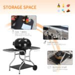 Outsunny Portable Charcoal Kettle Grill Outdoor Barbecue Trolley BBQ Heat Smoker Grilling With 2 Wheels, Storage Shelf And 4 Hooks, Free Standing, Black - Image 2