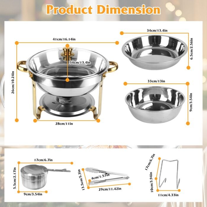 4Pcs Chafing Dish Buffet Set 4.76QT Round Buffet Servers Food Warmer Stainless Steel Catering Chafer With Glass Lid For Warming Cooling Gatherings Banquets Buffets Party Wedding - Image 2