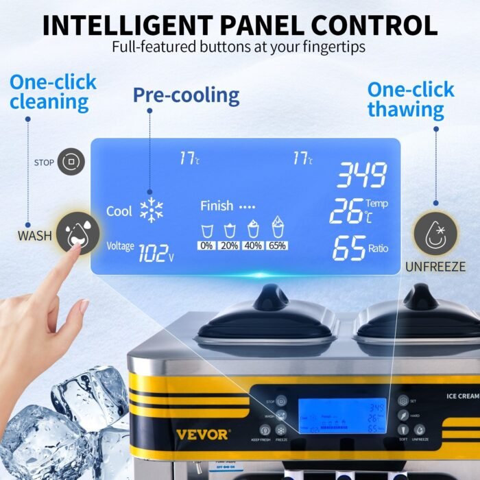 Commercial Ice Cream Maker, 22-30L H Yield, 2350W Countertop Soft Serve Machine W 2x6L Hopper 2L Cylinder LCD Panel Puffing Shortage Alarm, Silver - Image 5