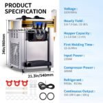 Commercial Ice Cream Maker, 22-30L H Yield, 2350W Countertop Soft Serve Machine W 2x6L Hopper 2L Cylinder LCD Panel Puffing Shortage Alarm, Silver - Image 3