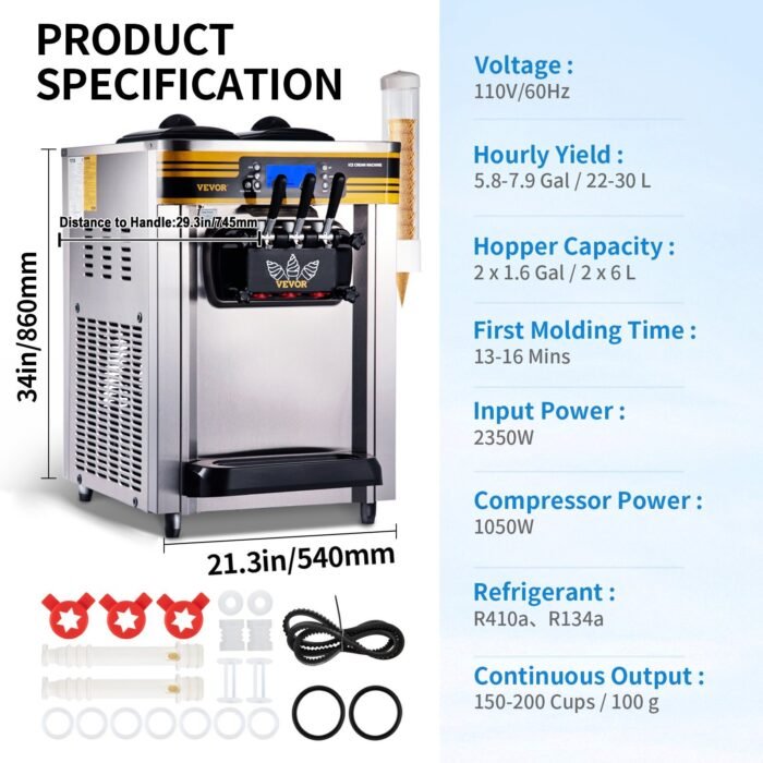 Commercial Ice Cream Maker, 22-30L H Yield, 2350W Countertop Soft Serve Machine W 2x6L Hopper 2L Cylinder LCD Panel Puffing Shortage Alarm, Silver - Image 3