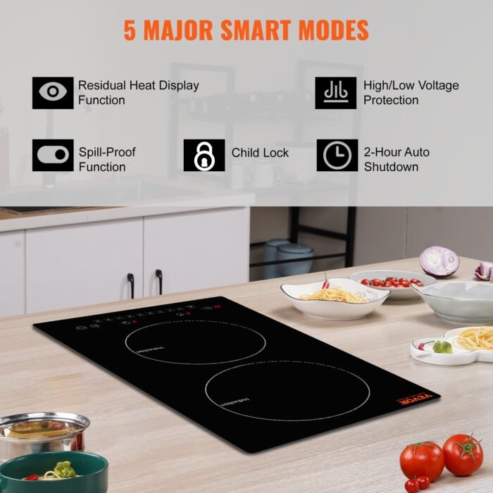 Electric Cooktop, 2 Burners, 12 Induction Stove Top, Built-in Magnetic Cooktop 1800W, 9 Heating Level Multifunctional Burner, LED Touch Screen W Child Lock  Over-Temperature Protection - Image 5