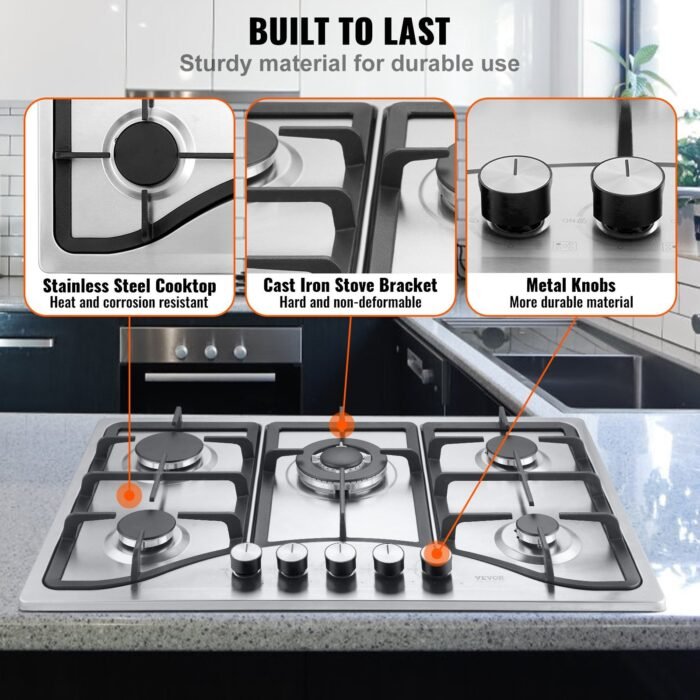 Gas Cooktop 30 Inch, Max 12250BTU 5 Burners Built-in Stainless Steel Gas Stove Top, LPG NG Convertible Dual Fuel Natural Gas Hob With Thermocouple Protection - Image 3
