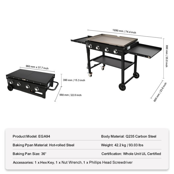 Commercial Griddle On Cart, 36' Heavy Duty Manual Flat Top Griddle, Outdoor Cooking Station With Side Shelves, Steel Natural Gas Griddle, 4-Burners Restaurant Portable Tested ToStandards - Image 6