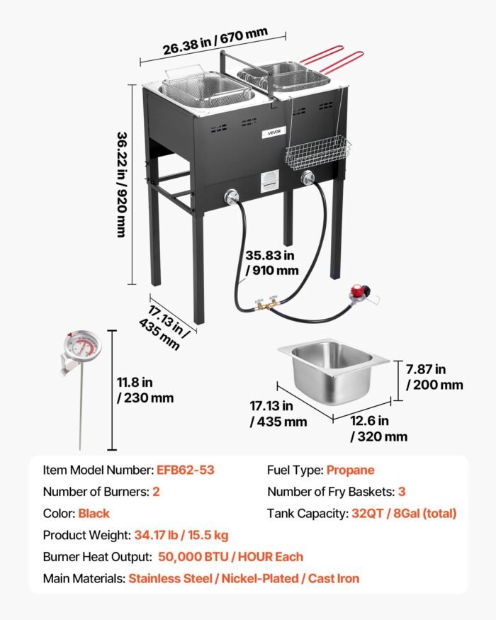 16QTx2 Outdoor Propane Deep Fryer Commercial Free Standing Cooker Two Tank - Image 9