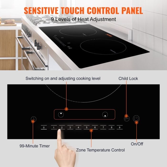 Electric Cooktop, 2 Burners, 24 Induction Stove Top, Built-in Magnetic Cooktop 1800W, 9 Heating Level Multifunctional Burner, LED Touch Screen W Child Lock  Over-Temperature Protection - Image 6