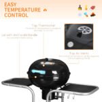 Outsunny Portable Charcoal Kettle Grill Outdoor Barbecue Trolley BBQ Heat Smoker Grilling With 2 Wheels, Storage Shelf And 4 Hooks, Free Standing, Black - Image 3