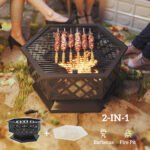 28 Outdoor Fire Pit With Grill Hexagon Fireplace Wood Burning Firepit With Cooking Grate, Fire Poker,  Screen Lid - Image 6