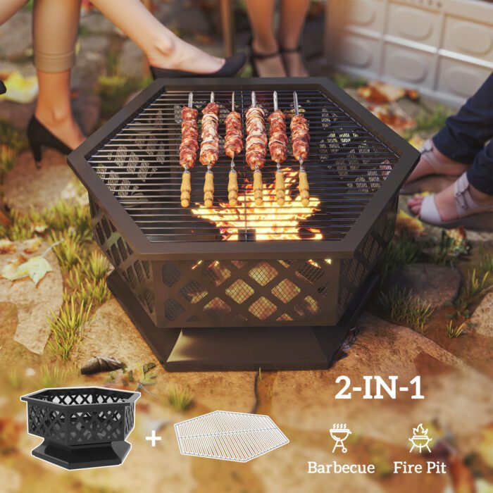 28 Outdoor Fire Pit With Grill Hexagon Fireplace Wood Burning Firepit With Cooking Grate, Fire Poker,  Screen Lid - Image 6