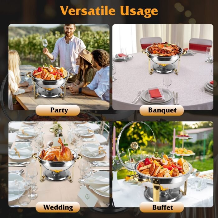 4Pcs Chafing Dish Buffet Set 4.76QT Round Buffet Servers Food Warmer Stainless Steel Catering Chafer With Glass Lid For Warming Cooling Gatherings Banquets Buffets Party Wedding - Image 5