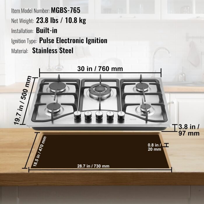 Gas Cooktop 30 Inch, Max 12250BTU 5 Burners Built-in Stainless Steel Gas Stove Top, LPG NG Convertible Dual Fuel Natural Gas Hob With Thermocouple Protection - Image 1